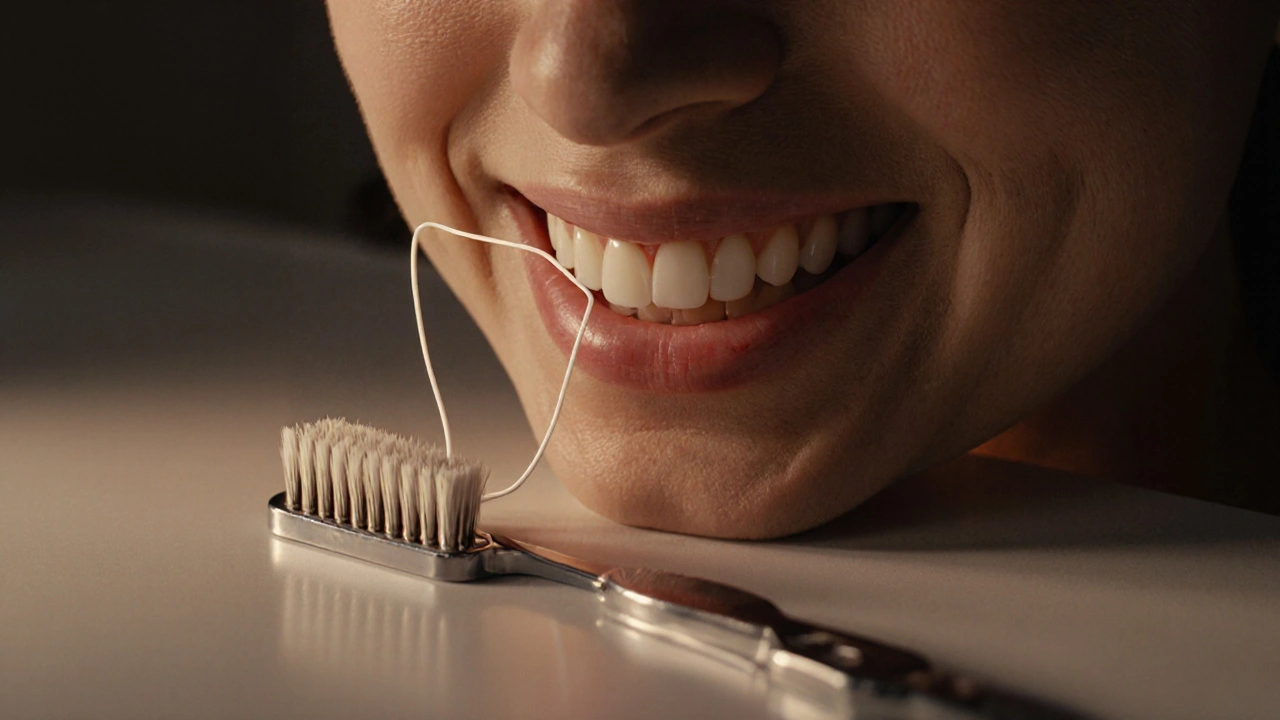 Ruka jemně používá zubní nit ve tvaru &#039;C&#039; kolem zubu.