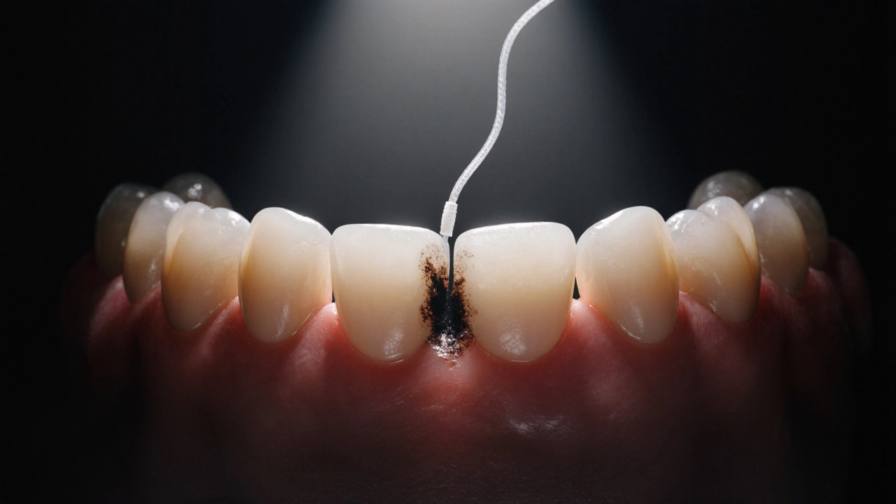 Skrytý kaz mezi zuby, kde nit překonává zubní plak, zatímco přední zuby zůstávají zdravé.