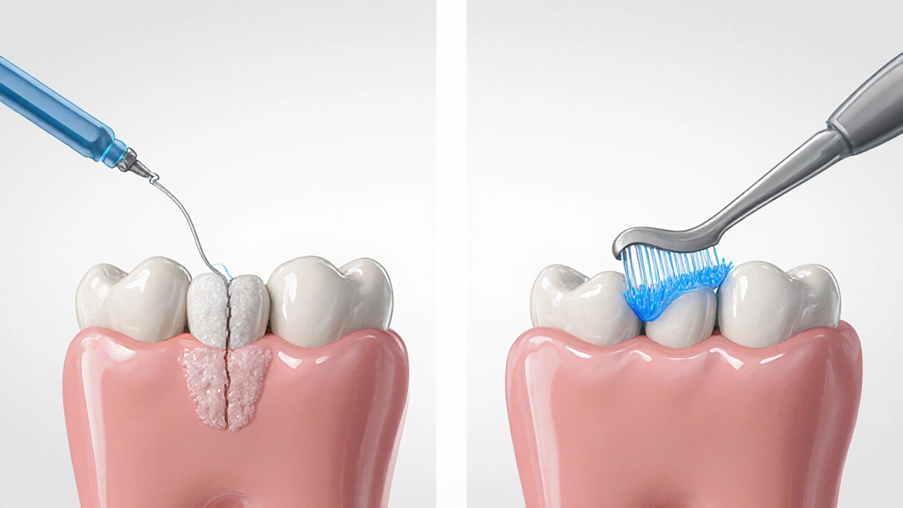 Srovnání čištění mezizubních prostorů nití a kartáčkem.