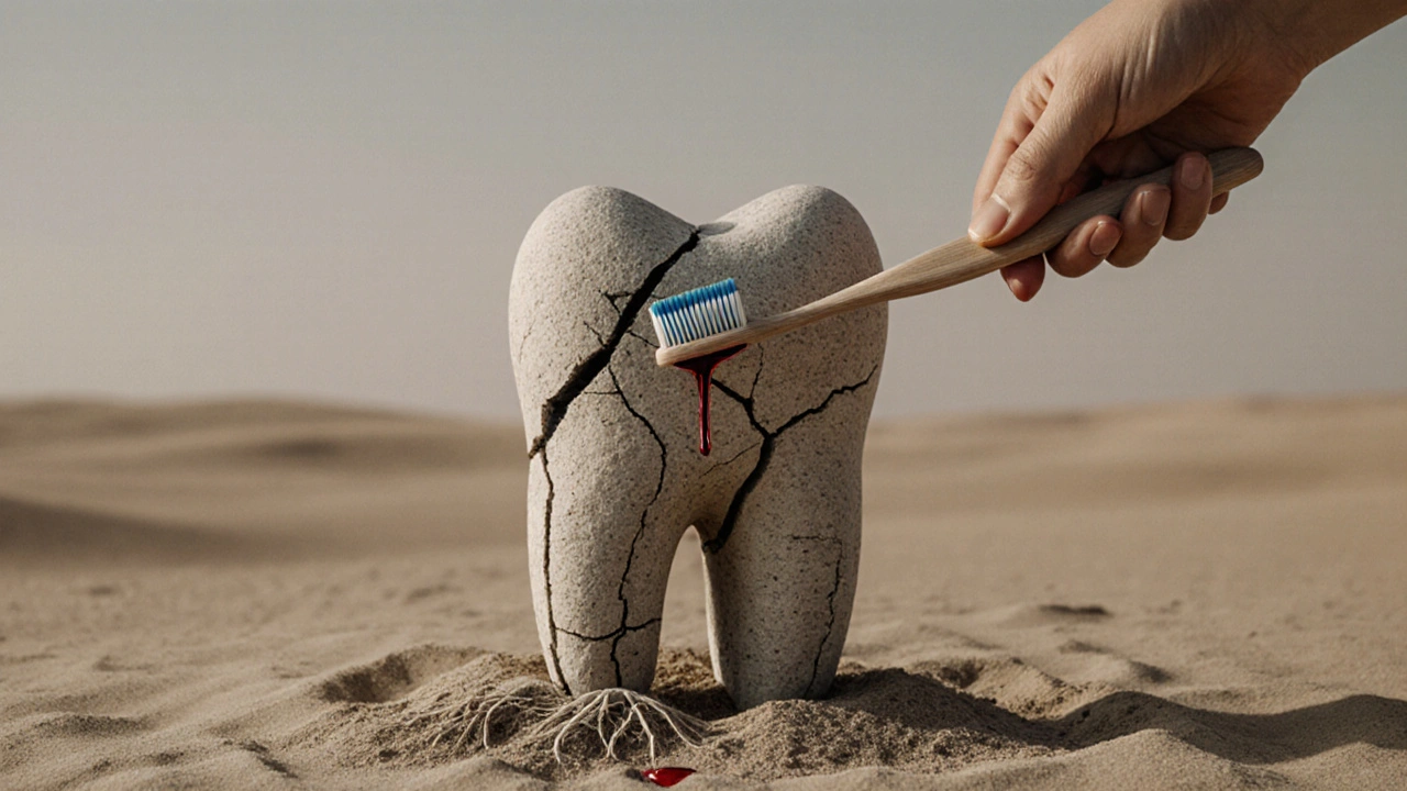 Symbolický obraz zubu, jehož kořen se mění v písek, znázorňující ztrátu kosti.