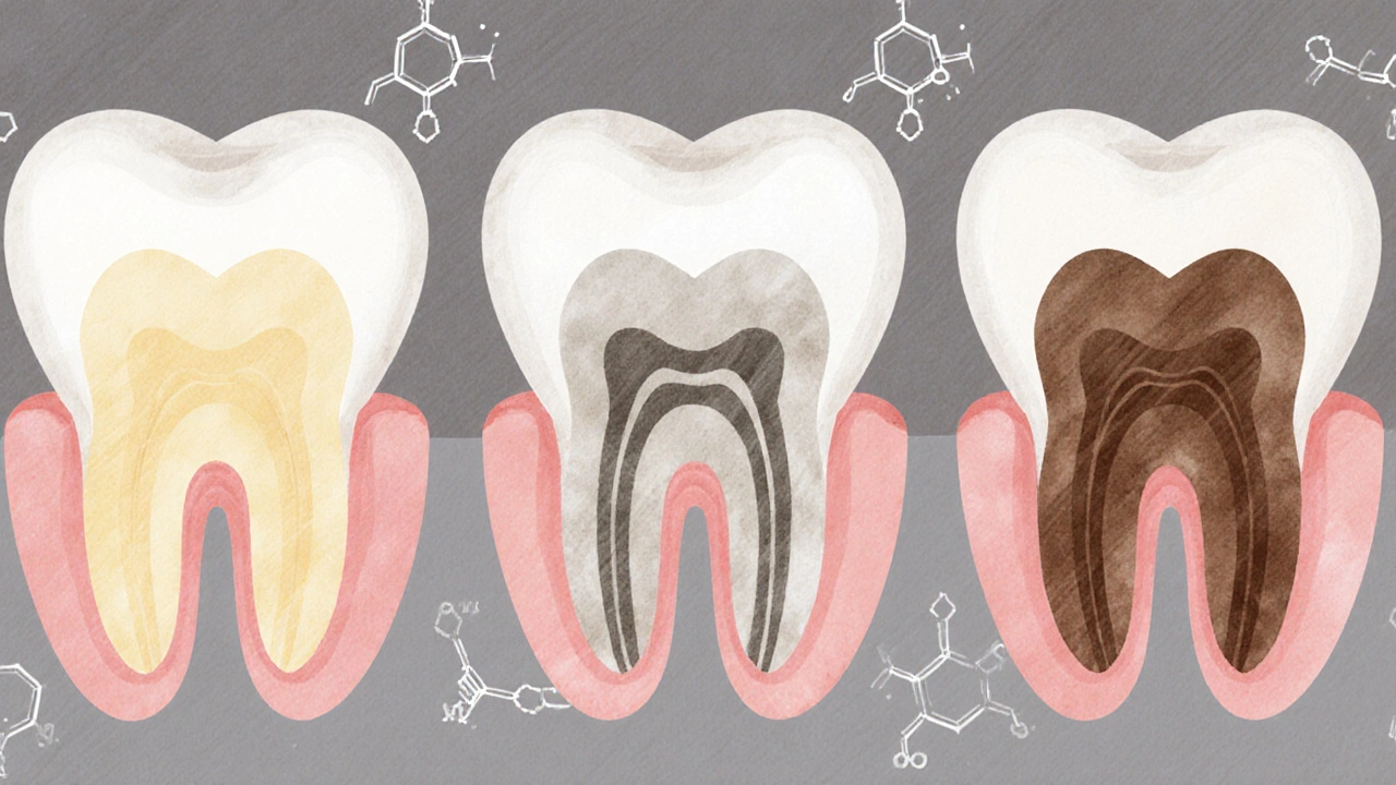 Tři zuby s různými typy tetracyklinového zbarvení a molekulární strukturou léku
