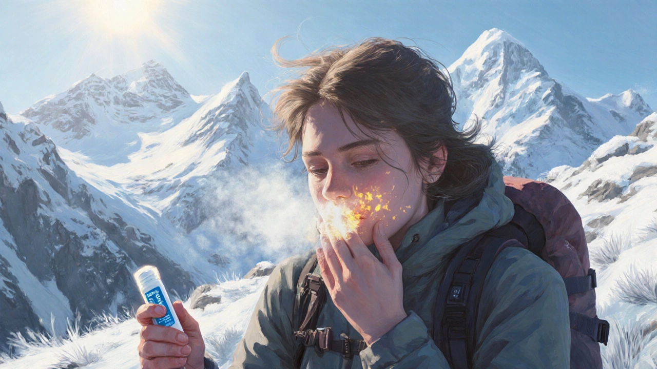 Turista v Alpách se zastavil, ruka u zubů, v pozadí sněžné vrcholy a viditelný dech.