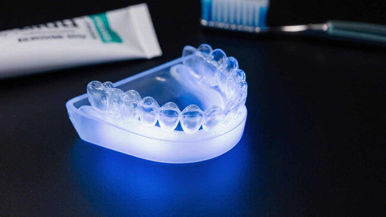 Vlastní zubní lišta s vybělovacím gelem a ústní hygienou na pozadí.