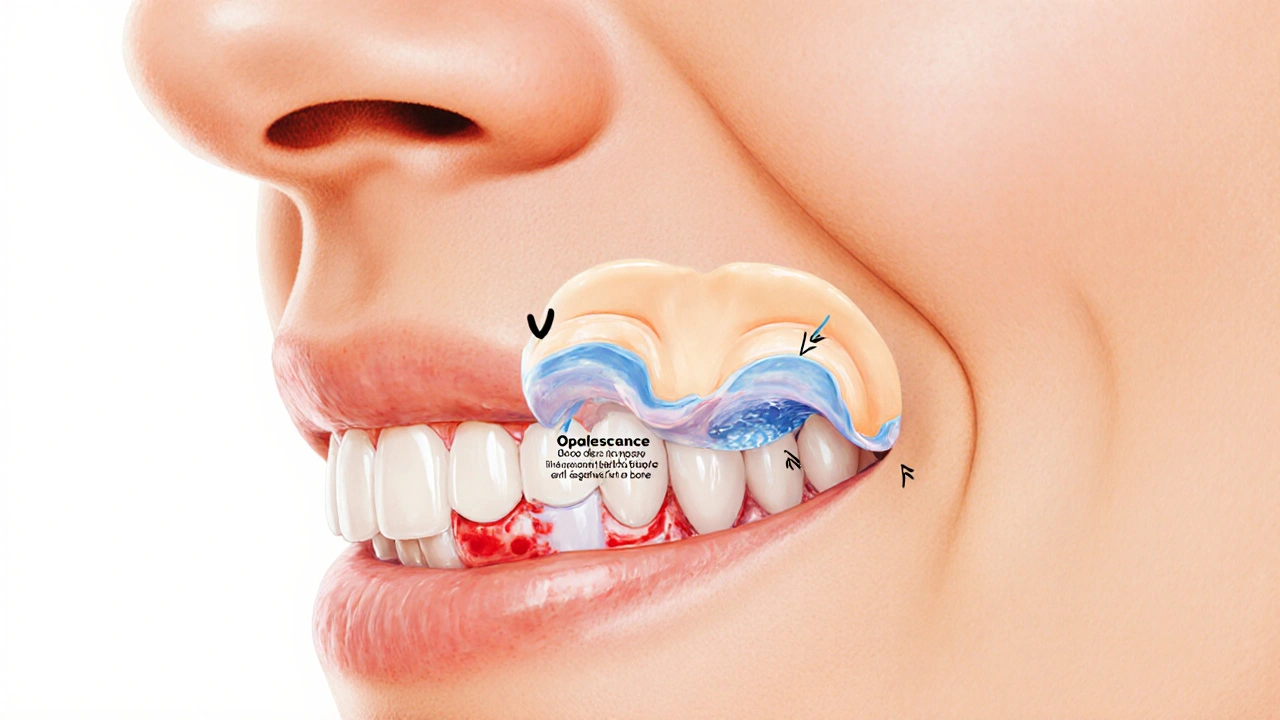 Výřez čelisti ukazující rozpad krevní sraženiny a pronikání bělicího gelu do jamky.