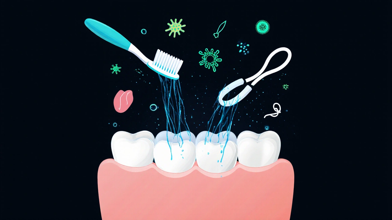 Zdravé zuby a dásně s odstraněným plakem a fluoridovými částicemi.