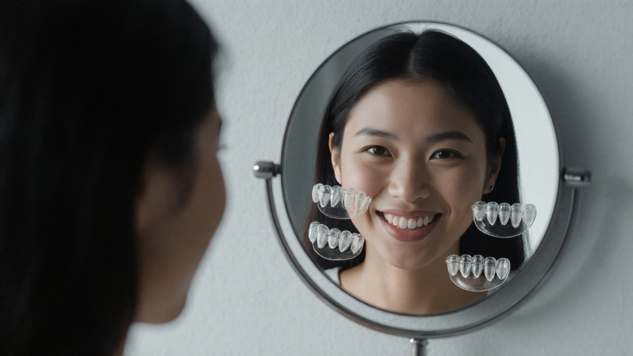 Žena hledí do zrcadla s tmavě zbarvenými zuby, zatímco lamináty visí nad ní