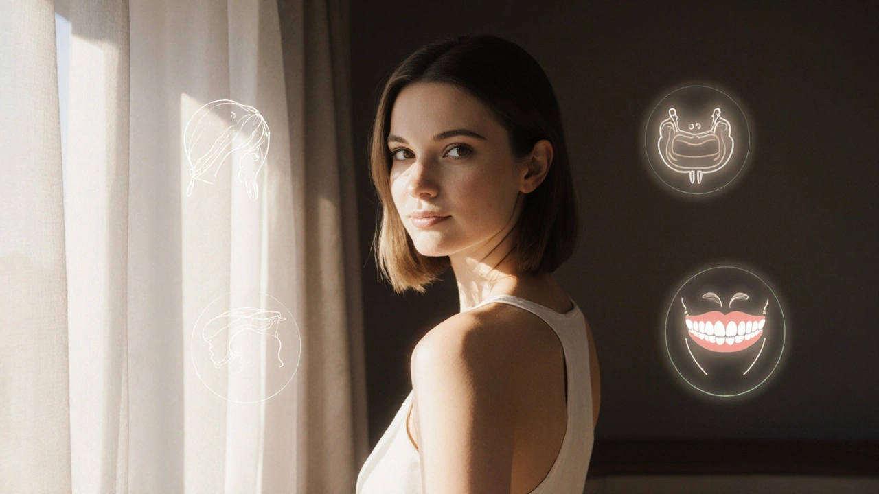 Žena stojí s přímými zády, kolem ní plavou jemné kontury estetických detailů jako znamení sebevědomí.