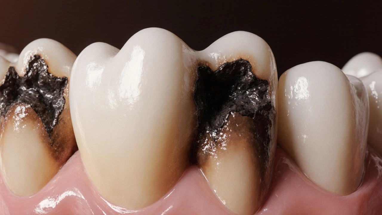 Zub postupně tmavnoucí od žluté po černou barvu.