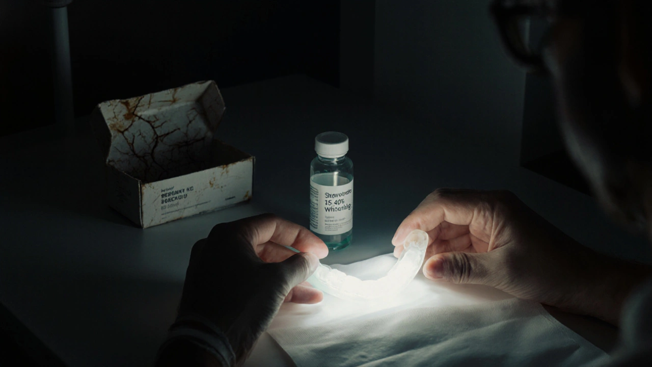 Zubař přizpůsobuje vložky na bělení zubů, zatímco domácí sada leží zahoděná na poličce.