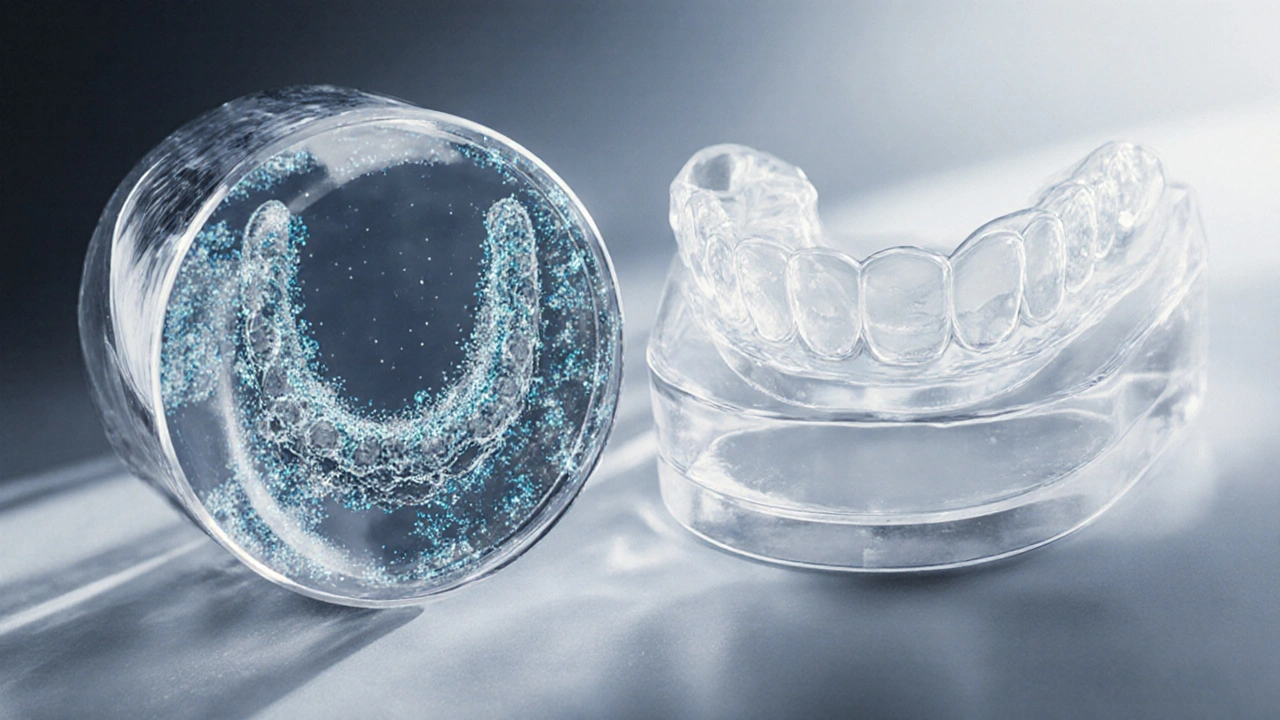 Zvětšený pohled na bakteriální biofilm na rovnátku a jeho čištění.