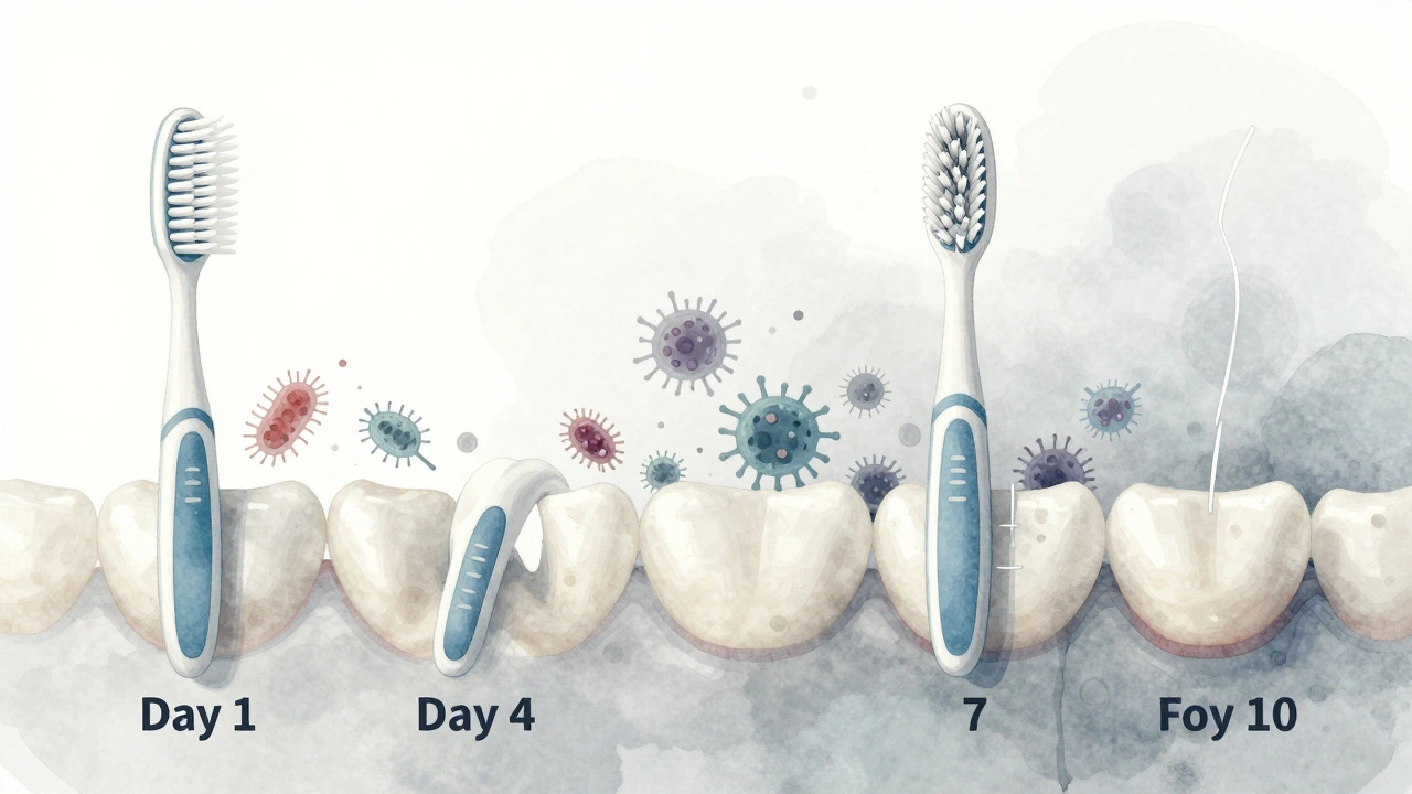 Časová osa vývoje mezizubního kartáčku během týdne s nárůstem poškození