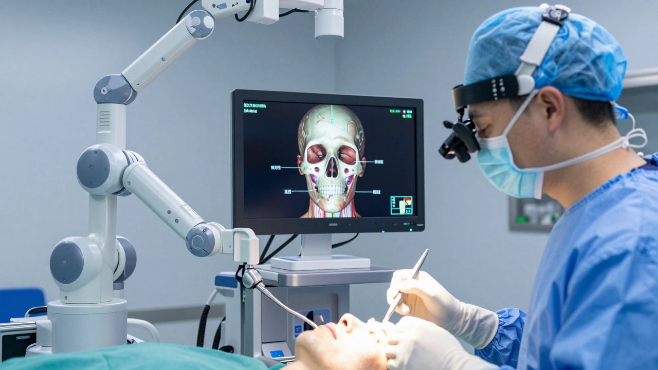 Chirurg sleduje navigační obrazovku během operace s robotickou asistencí.