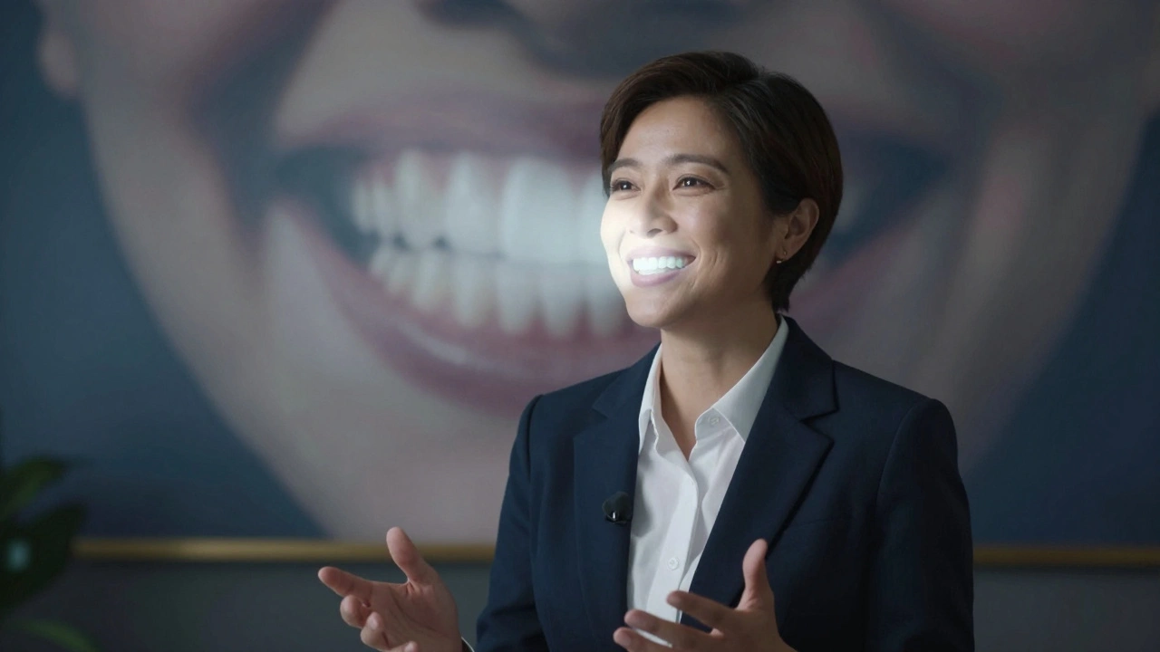 Člověk mluví s jasným úsměvem, jeho zuby vyzařují světlo, zatímco staré, žluté zuby mizí v pozadí.