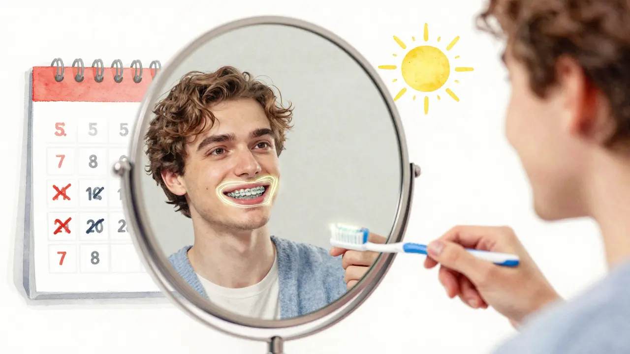 Člověk se usmívá do zrcadla, čistí si zuby, zatímco kalendar ukazuje uplynulé dny po nasazení rovnátek.