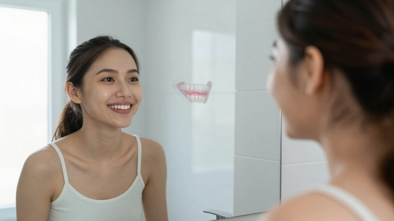 Člověk se usmívá s čistými zuby a zdravými dásněmi po použití ultrazvukového čističe.