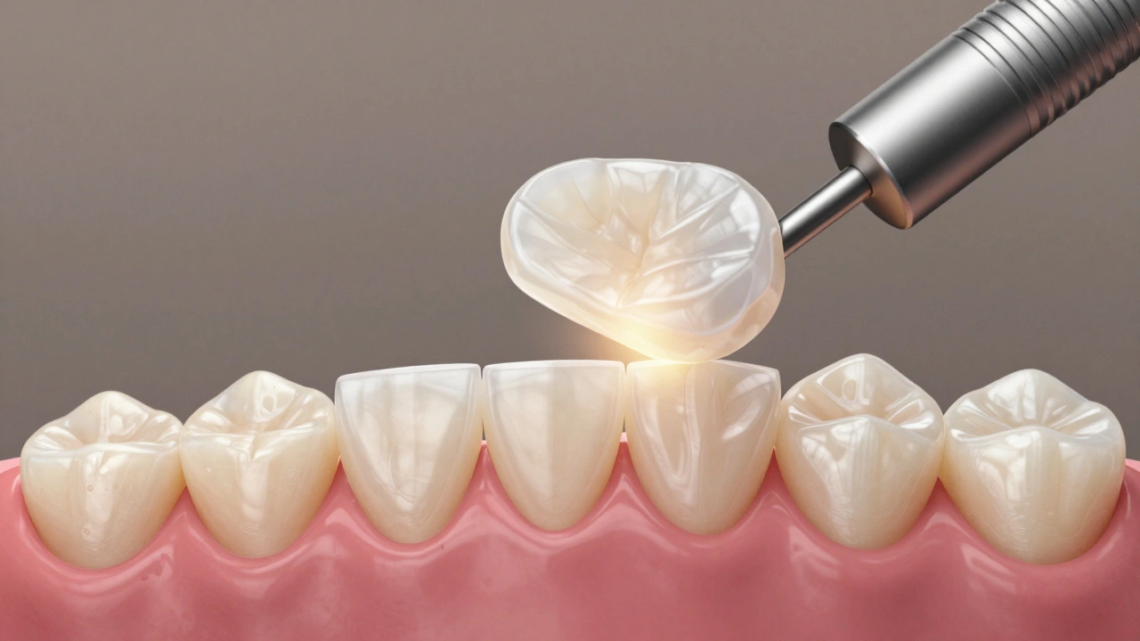 Dentalní příprava zubu pro fazetu: odstranění tenké vrstvy skloviny před přilepením keramiky.