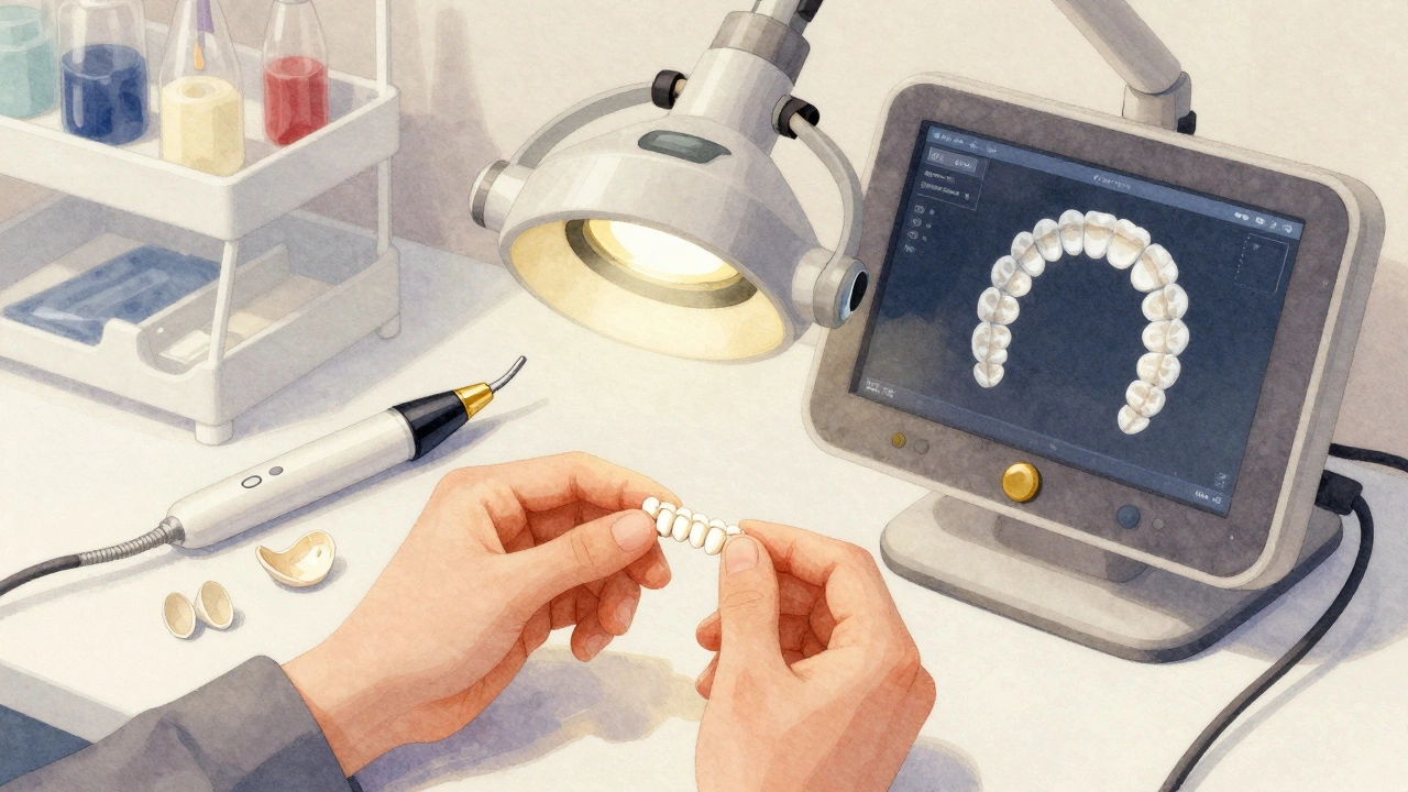 Dentální technik vyrábí tenké keramické fazety pod lampou v laboratoři.