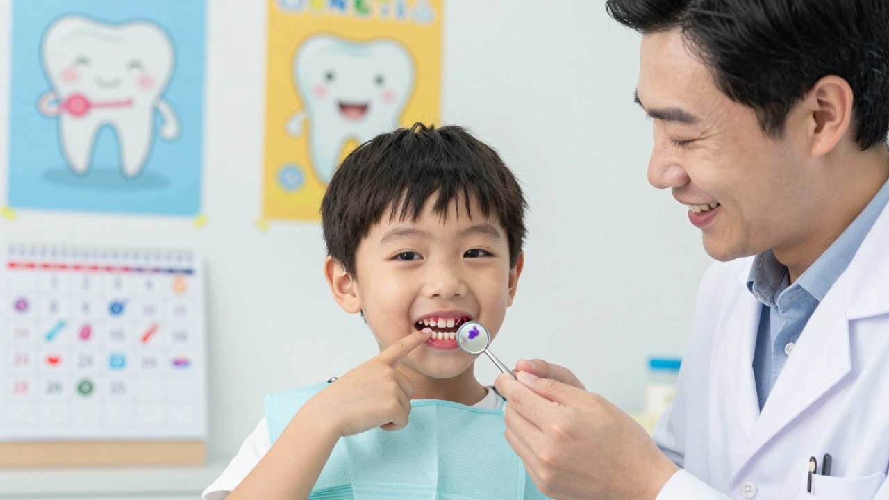 Dítě sleduje své zuby v zrcátku u zubního lékaře, který ukazuje zbarvený plak.