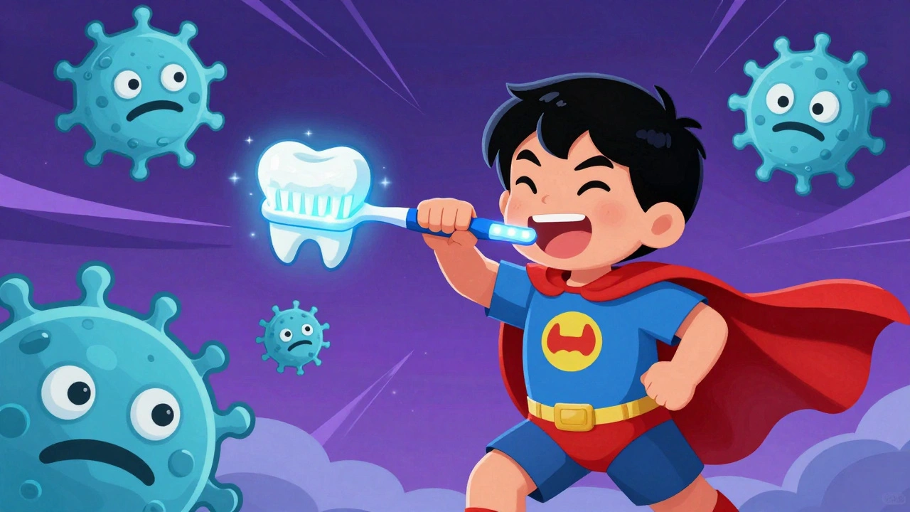 Dítě ve hře jako hrdina, který bojuje proti plaku pomocí svítícího kartáčku.