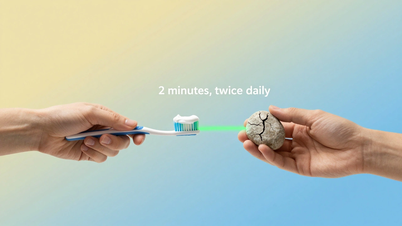 Dvě ruce: jedna s kartáčkem, druhá s kamenem, spojené světlou čárou označující správnou techniku čištění