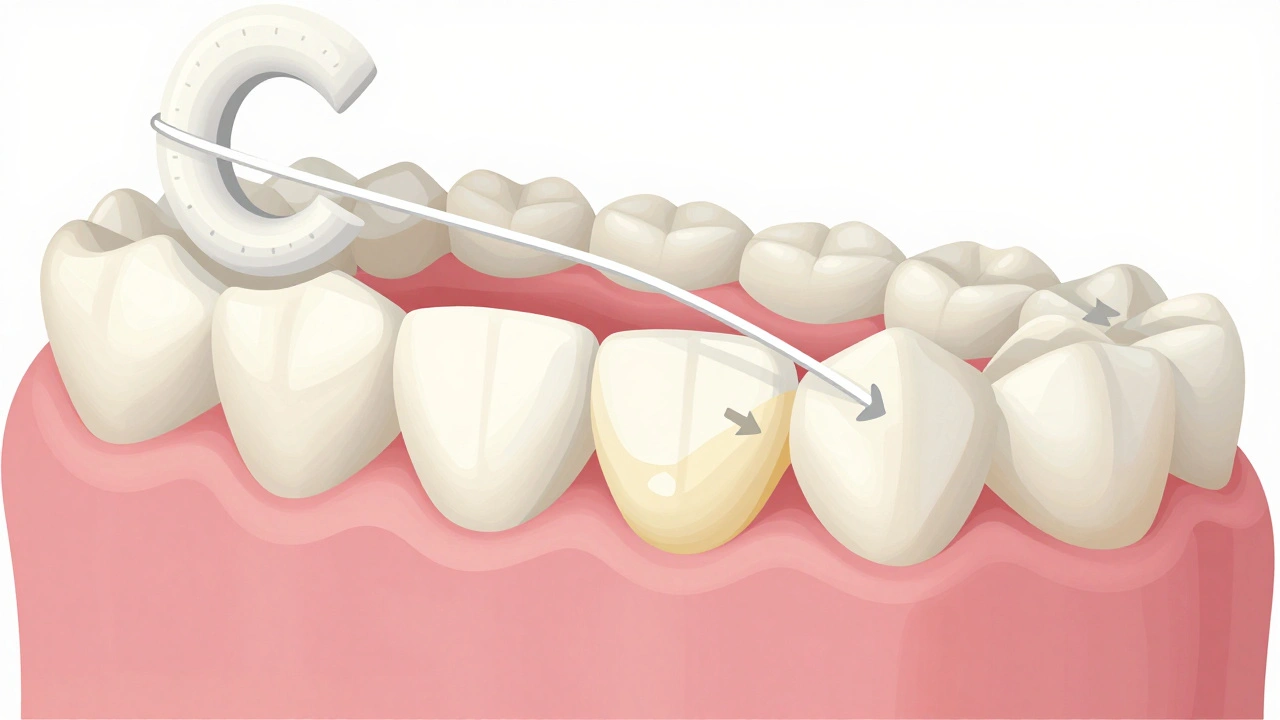 Ilustrace správné techniky čištění zubní nití s pohybovými šipkami.