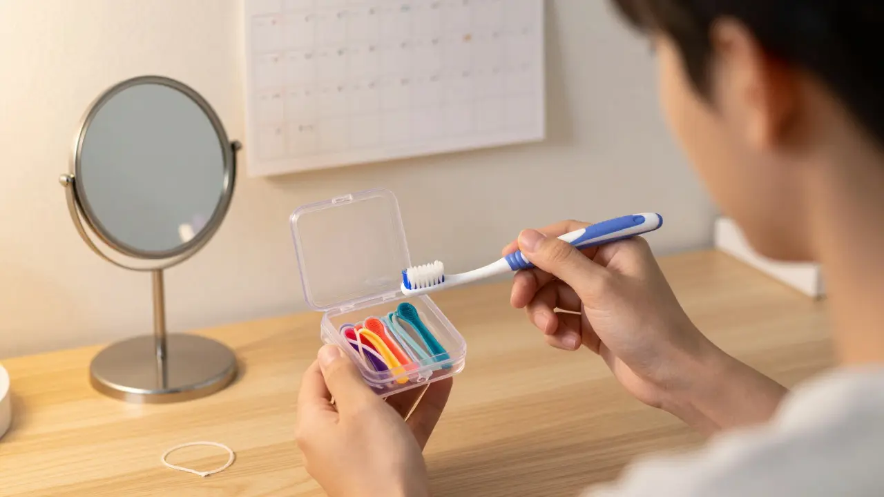 Mladý dospělý drží krabičku s gumičkami vedle zrcadla a kalendáře s označenými dny.