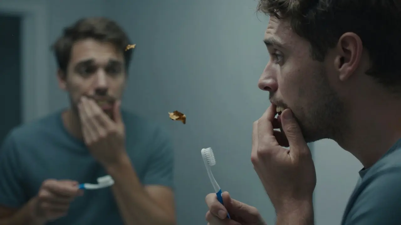 Muž v zrcadle se dotýká volného zubu, za ním stín ztracených zubů