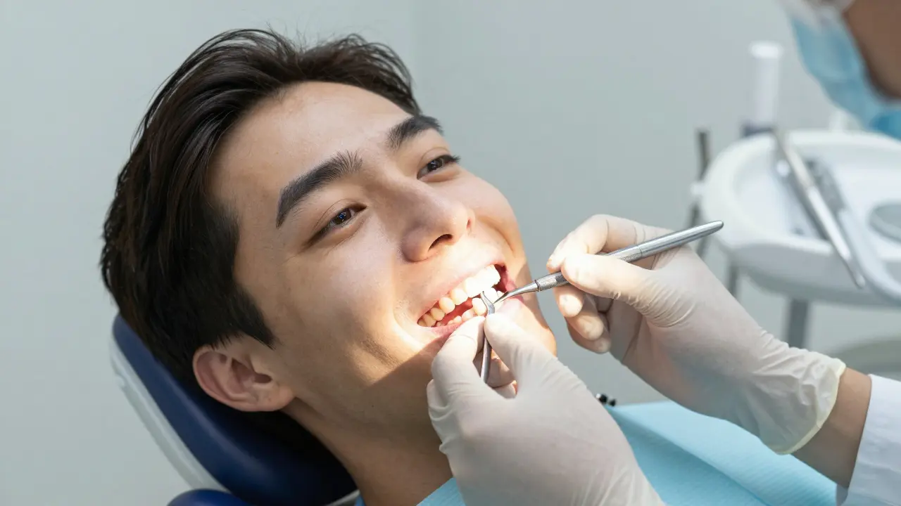 Pacient se širokým úsměvem s viditelnou metalokeramickou korunkou na zadním zubu, zubní lékař kontroluje přiléhání.