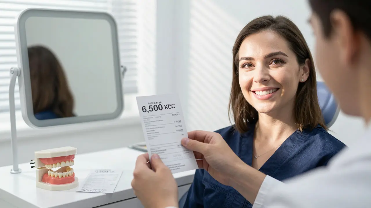 Pacientka se usmívá po instalaci keramické korunky na ošetřený zub v zubní klinice.