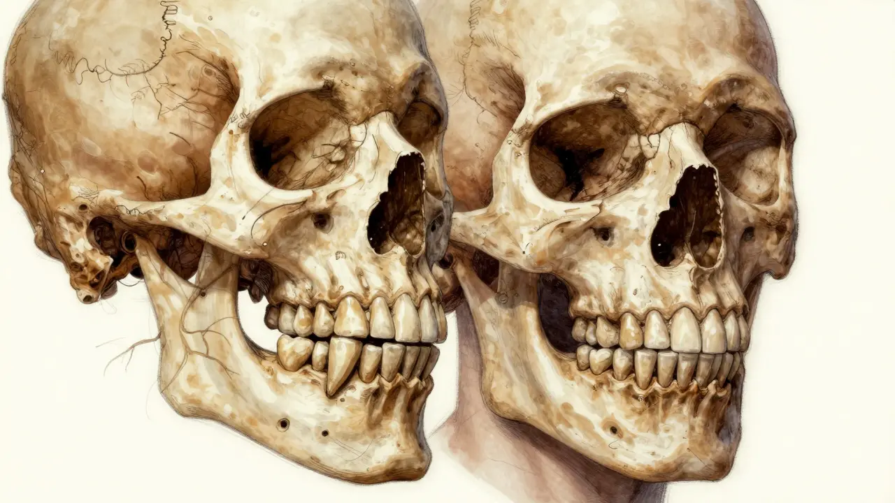 Porovnání pravěké a moderní čelisti s rozdílným vývojem osmiček.