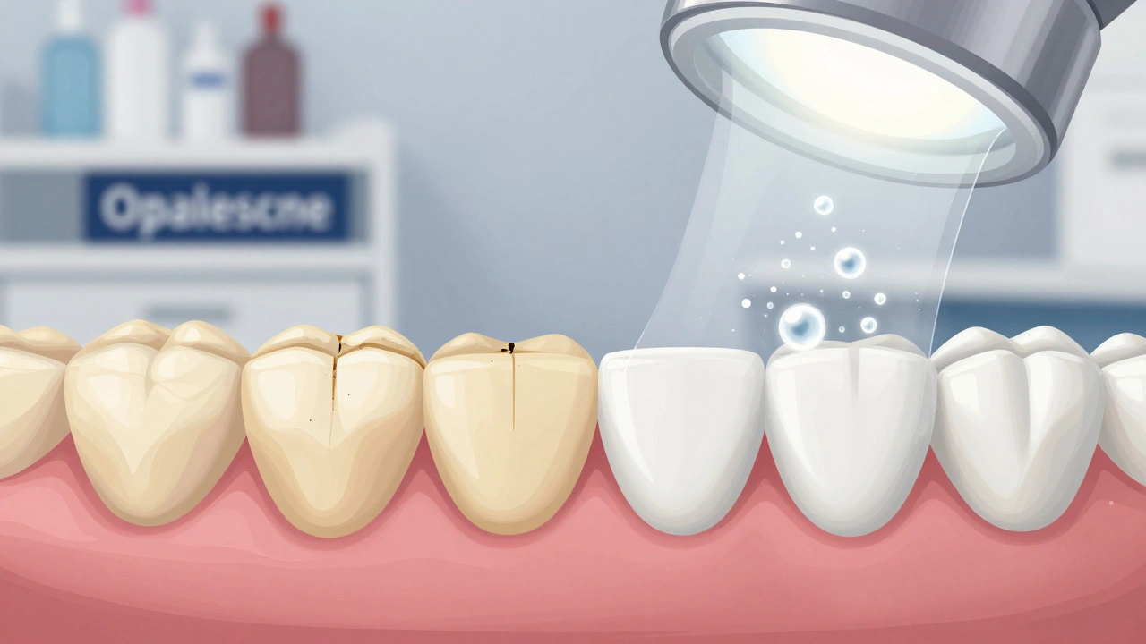 Porovnání tmavých a bělících se zubů s vizualizací rozkládajících se barviv v gelu.