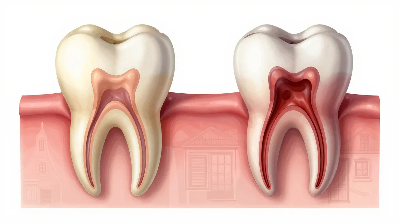Porovnání zdravého zubu a zubu s infekcí v kořenovém kanálu s přehlednými průřezy.