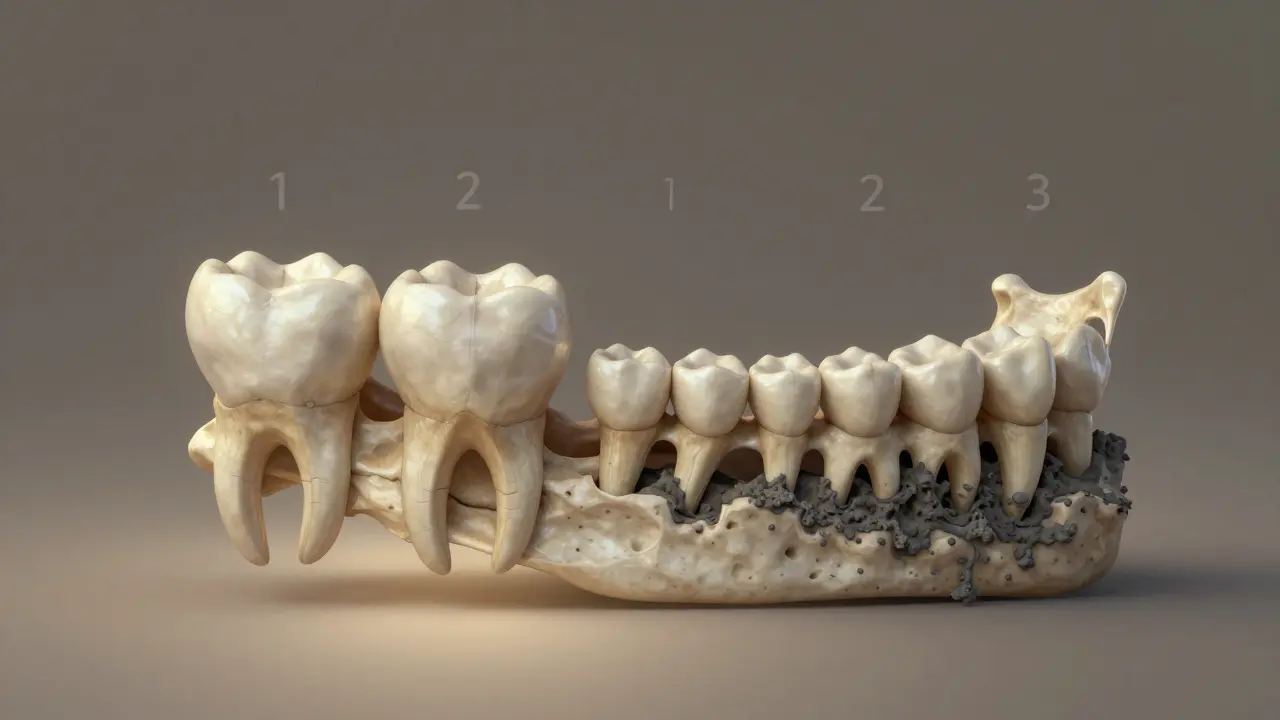 Postupné ničení kosti čelisti kolem kořenů zubů v časové řadě