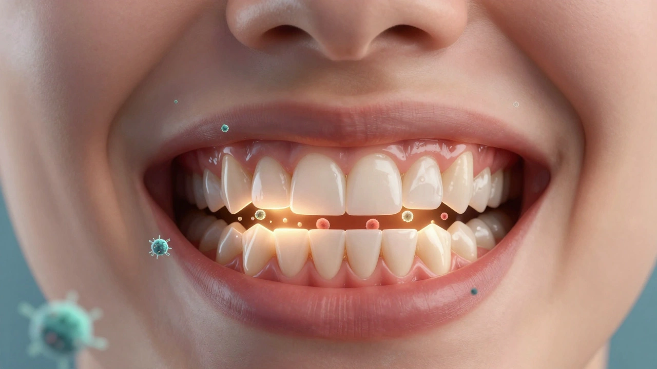 Převrácené zuby se přeměňují v rovné s mizícími bakteriemi mezi nimi.