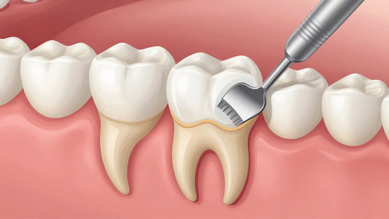 Příčný řez zubu s odstraněnou tenkou vrstvou skloviny a přilepenou keramickou fazetou.
