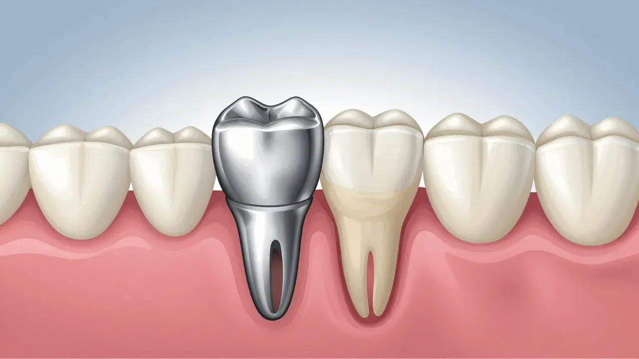 Průřez zubu s metalokeramickou korunkou ukazující kovové jádro a keramické vrstvy v anatomickém kontextu.