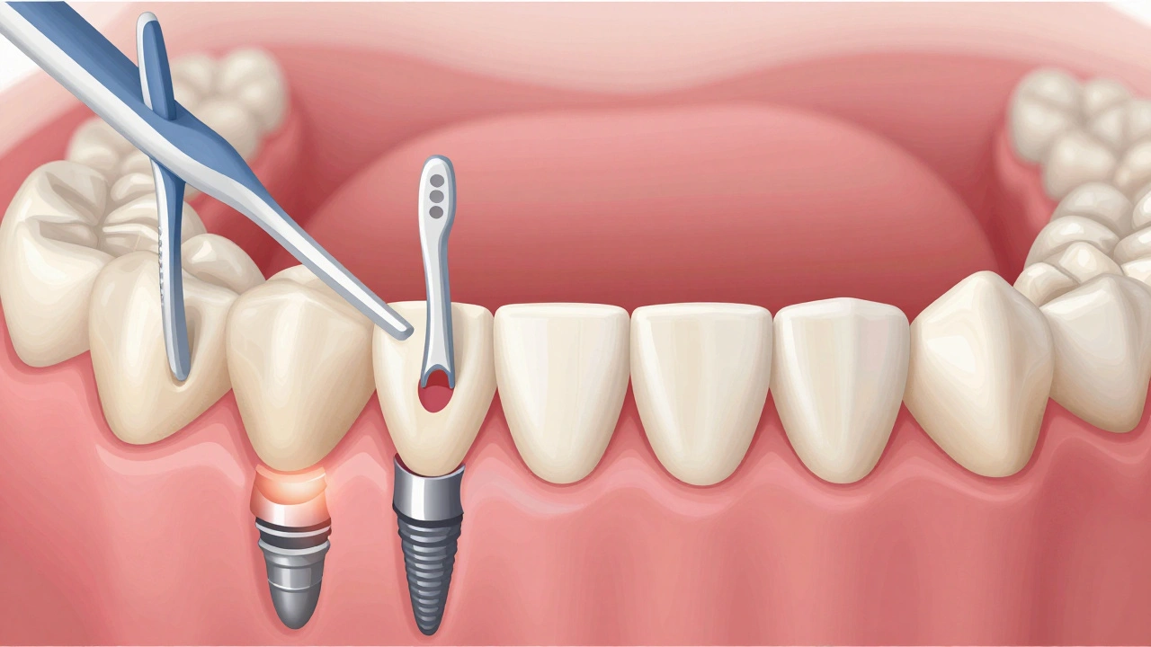 Průřez zubů s různými typy mezizubních kartáčků vhodnými pro každou mezery.