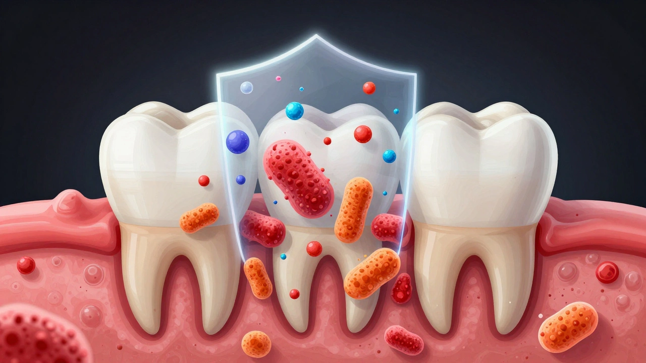 Průřez zubu ukazující bakterie napadající sklovinu, chráněnou účinnými látkami