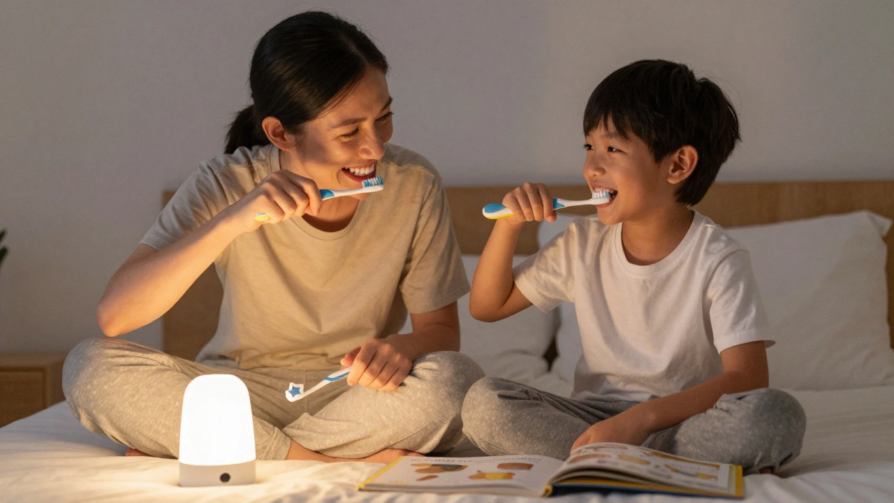 Rodič a dítě společně čistí zuby na posteli, smějí se a dodržují rituál.