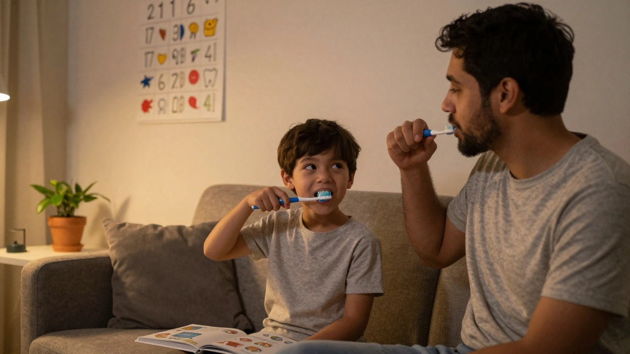 Rodina společně čistí zuby v obývacím pokoji, na stěně je plán s nalepkami.