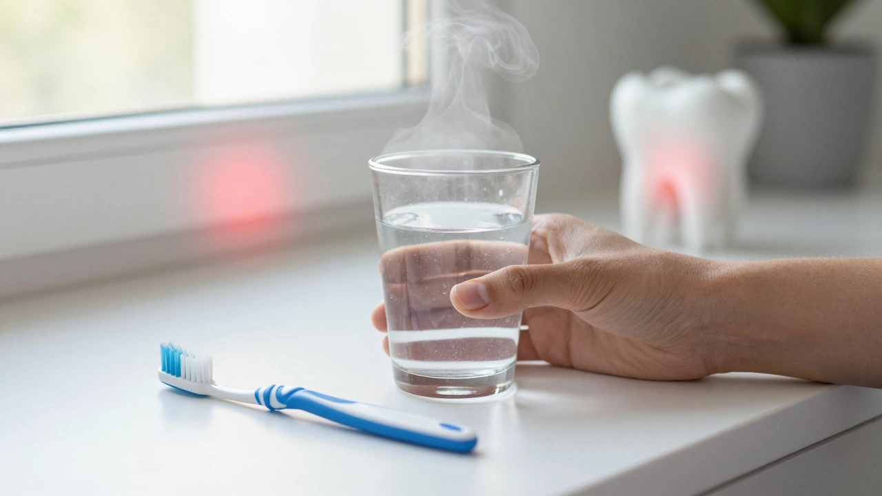 Ruka drží solný koupel vedle zubního kartáčku a nitě, symbolizující domácí péči.