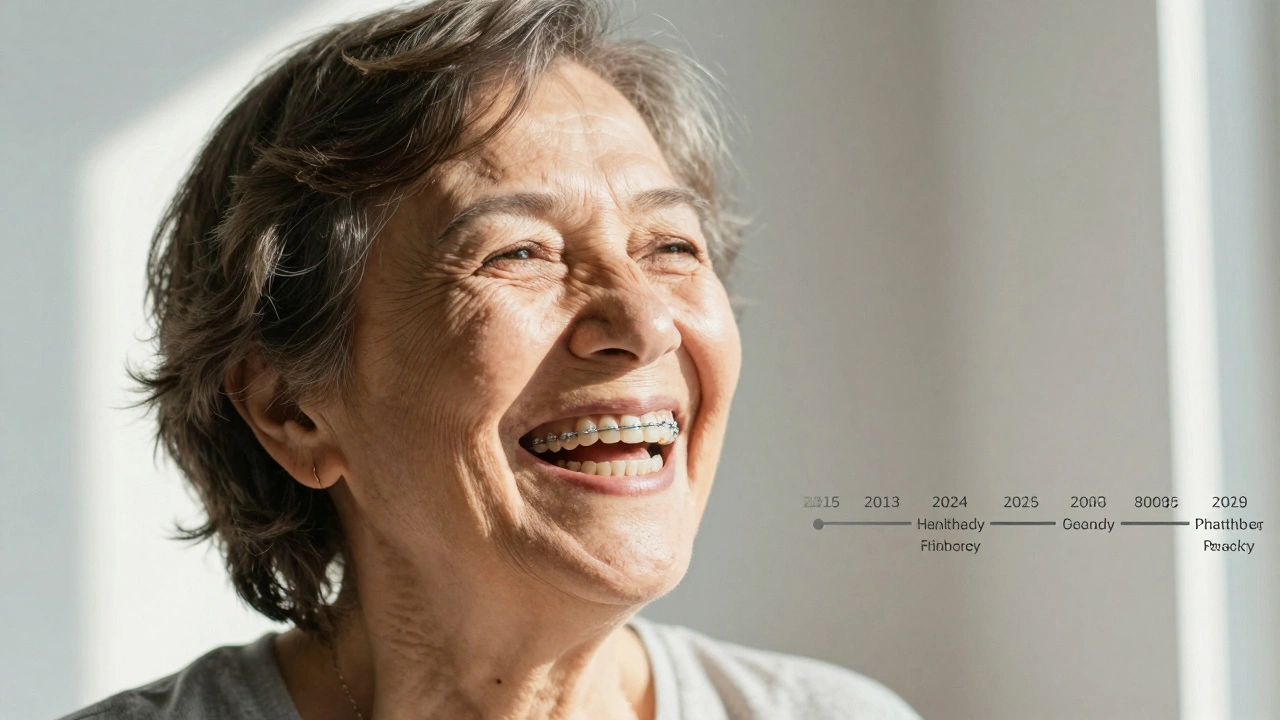 Stará žena směje se s viditelným retentorem, slunce osvětluje její zuby.