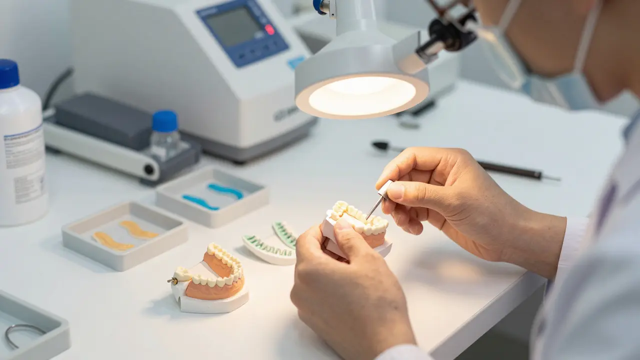 Technician inspecting a plaster dental model in a lab.