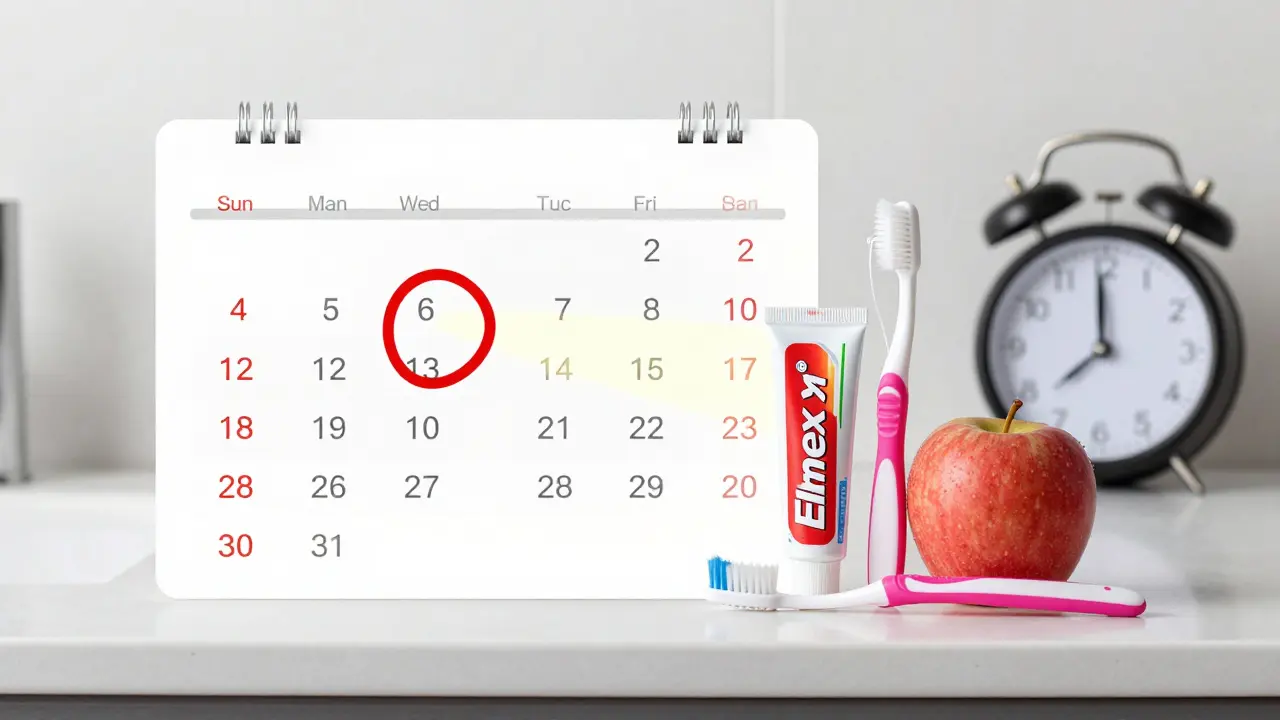 Týdenní kalendář s označeným dnem pro použití Elmex gelu a symboly dobré hygieny.