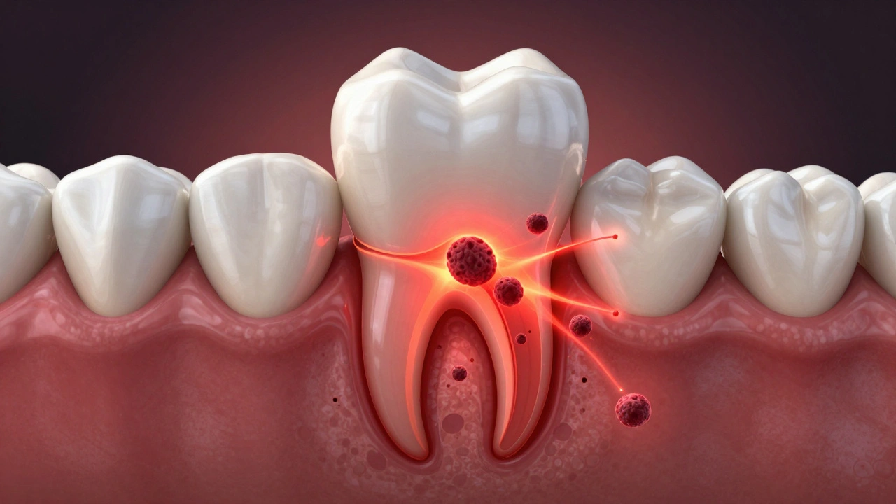 Zánět se šíří z kořene zubu do kosti a dásně, znázorněný jako červené záření.