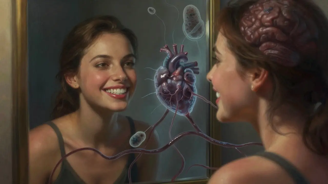 Žena se smířeným úsměvem, za níž se v odrazu ukazují bakterie šířící se do kosti a krevního oběhu.