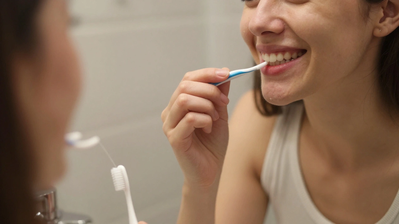 Žena se usmívá do zrcadla po čištění zubní nití, ruka drží floss.