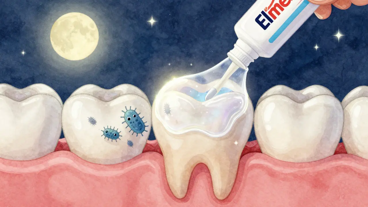 Zub s jemnou, lesklou ochrannou vrstvou, která se tvoří po použití gelu s aminofluoridem.