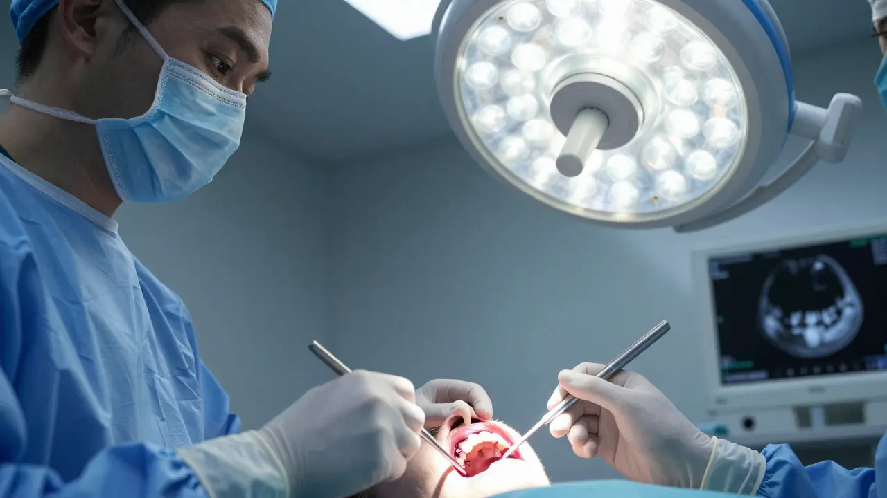 Zubní chirurg odstraňuje osmičku v operačním sále s 3D rentgenem na pozadí.