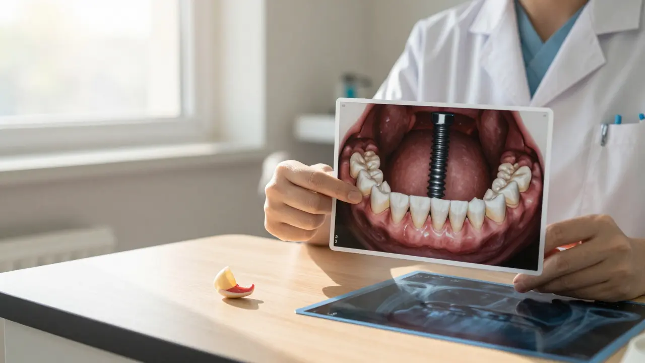 Zubní lékař ukazuje na digitální náhled zdravého zubu s implantátem a fazetami, zatímco poškozená fazeta leží na stole.